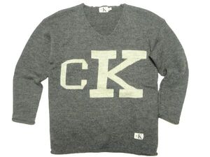 ★CK カルバンクラインジーンズ★編み込みビッグロゴウールニットS/グレーCalvin Klein Jeansメンズウールセーターオールド90