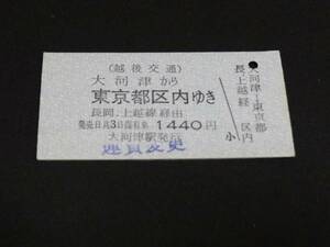 【越後交通】大河津駅発行　大河津から東京都区内ゆき　A型　無日付・未使用　運賃変更印あり