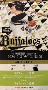 オリックス vs 西武　9/3 （火） 1枚　　　　　　ライブシート　1塁側　9月3日