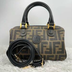 フェンディ FENDI ズッカ柄 ハンドバッグショルダーバッグ ミニボストン 化粧入 2way ミニハンド レザー ゴールド金具 ブラウン 茶 PVC