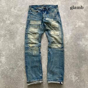 【glamb / グラム】 アンプラグドスキニーデニム 赤耳リペアデニムパンツ ジーンズ ダメージリペア加工 ジーパン グランジ セルビッチ 