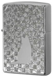 Zippo ジッポライター ネコ 猫 Cat 花 ＃200 メタルプレート ニッケルメッキ 2MP-花 プレゼント 女性 かわいい メール便可