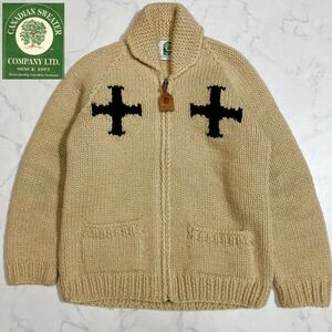 美品/CANADIAN SWEATER カナディアンセーター カウチンニット 十字架 ハンドメイド カナダ製 肉厚 レザーファスナープル ベージュ系 メンズ