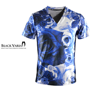 9#bv04-bl BLACK VARIA 薔薇 大輪バラ ローズ 花 プレミアム Vネック 半袖Tシャツ メンズ(ブルー青) 3L 日本製 吸水速乾＆2wayストレッチ