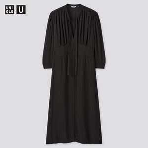 【ブラック・M・新品】ユニクロ×ルメール■Uniqlo U ユニクロユー ビスコースボウタイワンピース（7分袖）レーヨン　リボン　黒