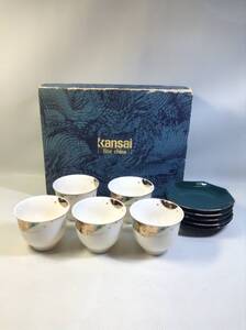 A2807☆ kansai fine china/カップセット/白/金色/ゴールド/ホワイト/茶菓揃/YK1010/中古