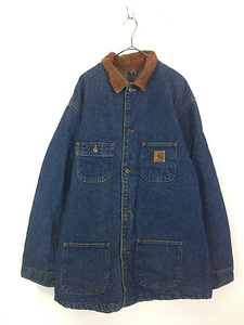 古着 90s USA製 Carhartt 裏地 ストライプ ブランケット デニム ミシガンチョア カバーオール ジャケット XL Tall 古着