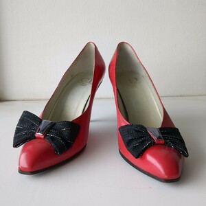 ChristianDior　クリスチャンディオール　ヒールパンプス　レッド　レザー　リボン　日本サイズ約22.5 婦人靴　赤が目を引くシューズです