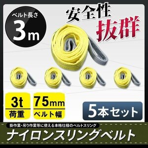 ★送料無料★ ナイロンスリングベルト ■5本セット■3ｍ×3000kg×幅75mm 耐荷重3ｔ ★荷揚げ 吊り上げ 吊り下げ 玉掛け運搬に!