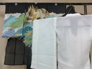 1円 良品 正絹 子供着物 男児用 産着 襦袢セット 七五三 和服 黒 絽 夏物 鷹 波 カッコいい 単衣 身丈97cm【夢職】★★★