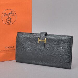 美品 HERMES エルメス ベアン 二つ折り長財布 レザー ブラック ゴールド金具 □F刻印 H金具 02年製 ヴォーエプソン ウォレット Ma.h/c.a