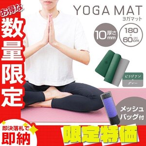 【限定セール】ヨガマット 厚手10mm 182×61cm 収納バッグ TPE 防音 トレーニング ホットヨガ ピラティス ストレッチ ビリジアン×グレー