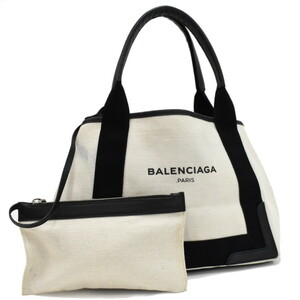 1円 ◆極美品 BALENCIAGA バレンシアガ トートバッグ ネイビーカバ S 339933 キャンバス レザー アイボリー◆E.Csos.mM-29