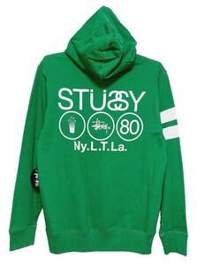 新品タグ付き！価格￥１７３８０！STUSSY ステューシー/ロゴ&クラウン＆SSリングプリント ジップアップ スウェットパーカー M グリーン