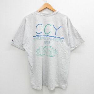 XL/古着 チャンピオン champion 半袖 ビンテージ Tシャツ メンズ 90s CCY ウェズリアン大学 大きいサイズ クルーネック 薄グレー 霜降り 24