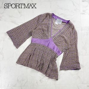 美品 SPORTMAX スポーツマックス シルク100% 総柄Vネックシアーチュニックトップス レディース 紫系 茶色系 サイズ42*RC928