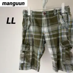 manguun  ハーフパンツ　短パン　チェック　ポケット　カーゴパンツ　深緑