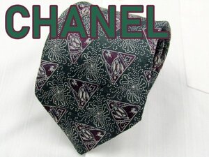 【シャネル】 OD 420 シャネル CHANEL ネクタイ 緑系 ジオメトリック ワンポイント ブランドロゴ ジャガード