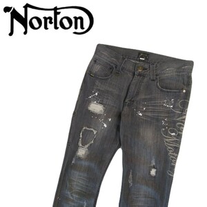 新品同様 Norton クラッシュ加工 ビンテージ加工 ブラック デニムパンツ ジーンズ ジーパン メンズL ノートン バイカー バンソン 2407294