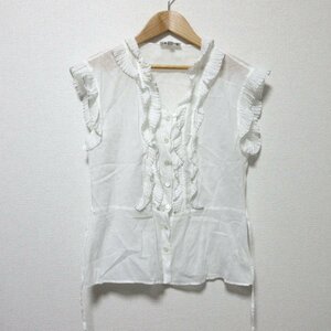 美品 agnes b. アニエスベー フリルデザイン ウエストマーク ノースリーブブラウス シャツ 36サイズ ホワイト ◆