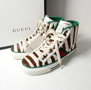 未使用 GUCCI グッチ サイズ34 約21㎝ ゼブラ柄 ハラコ ラウンドトゥ レースアップ ハイカット スニーカー オフホワイト ブラウン