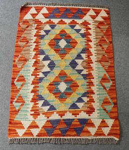 88×63cm【アフガニスタン手織りキリム】手織り絨毯