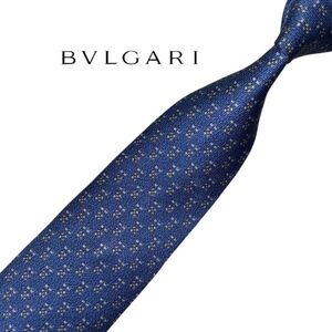 ★セッテピエゲ★高級ネクタイ★BVLGARI★ブルー系 パターン柄 王冠柄 ネコポス可 ブルガリ USED クリーニング プレス済み t988