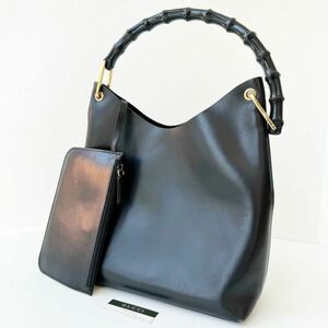 ◆ グッチ GUCCI バンブー ポーチ付き ハンドバッグ 001 2058 セミショルダーバッグ ブラック レザー ワンハンドル レディース かばん