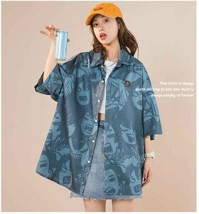 韓国風 レディース 半袖シャツ 新しい夏 カジュアル ファッション半袖シャツ L ブルー