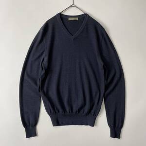 Cruciani size/44 (c) クルチアーニ ウール ニット セーター Vネック ハイゲージ ネイビー 紺 無地 イタリア製 KNIT SWEATER