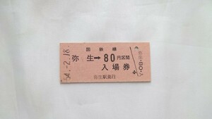 △国鉄北海道幌内線(廃止駅)△弥生→80円区間乗車券/入場券△B型硬券昭和54年