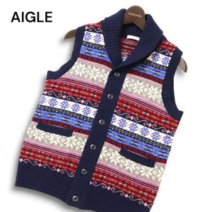 AIGLE エーグル 秋冬★ ショールカラー ウール100% ニット ベスト ノルディック柄 Sz.S メンズ　C4T09973_B#K