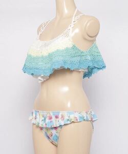 PR01. グラデーションクロッシェ × 花柄 3点セット　水着　ブルー