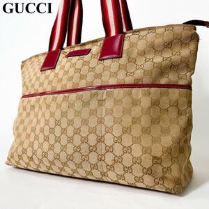 【美品】GUCCI グッチ トートバッグ ハンドバッグ GGキャンバス シェリーライン キャンバス ブラウン 茶系 A4 PC メンズ レディース