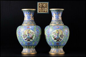 ◆天香楼◆景泰藍(七宝)花瓶 一対 高さ31.2cm　経年時代物 唐物AG8707