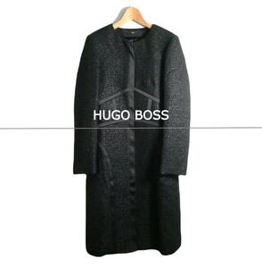 美品 HUGO BOSS ヒューゴボス US0 ラメ テープライン ジップアップ ロング丈 ノーカラーコート ロングコート 黒 ブラック