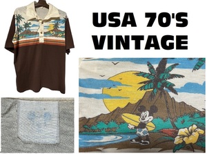 希少USA70’Sビンテージ★染み込みプリント★ミッキーマウスMickySurferサーファー＆ハワイビーチ半袖ポロシャツ★BOLT・OP・HANGTEN★XL