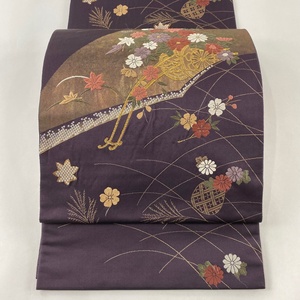 袋帯 秀品 花車 花籠 刺繍 箔 濃紫 お太鼓柄 正絹 【中古】