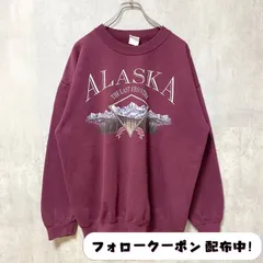 古着 used　長袖プリントスウェット　トレーナー　ALASKA　アラスカ　山　Mountain　ワインレッド　クルーネック