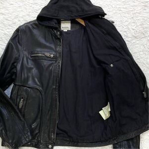 【美品 L】DIESEL シングル ライダースジャケット 2way パーカー ラムレザー 羊革 ロゴ フード ディーゼル メンズ ブラック 黒 ブルゾン