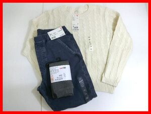 2401★SF-1609★140cm3点！UNIQLO ユニクロ セーター デニム レギンス キッズ ガールズ ヒートテック　未使用