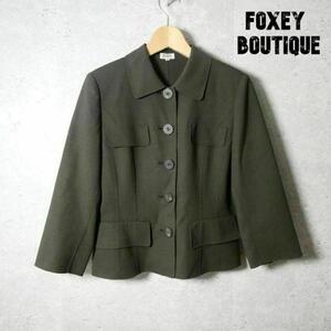 美品 FOXEY BOUTIQUE フォクシーブティック サイズ40 春夏 ストレッチ 七分袖 シングル ショート丈 ジャケット カーキ グリーン系