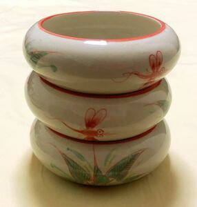 新品未使用　ベトナム製　バッチャン焼き　トンボ赤絵　陶器水盤　3個