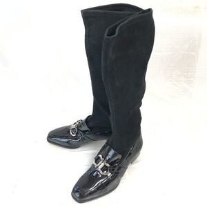 Ferragamo/フェラガモ★注目デザイン！ビットモカシン型 ロングブーツ【4.5/22.0/黒/BLACK】ローファー/rare/boots/Shoes◆pWB102-5