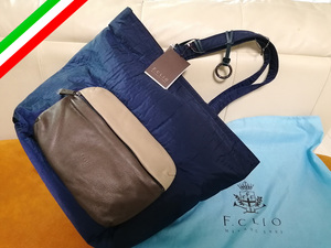 ◆新品 F.CLIO MILANO 本革 レザー×ナイロン お洒落 トートバッグ ネイビー 定価38,500円 イタリア製 肩掛け可能 メンズ made in italy