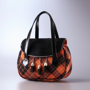 MG3275*ヴィヴィアンウエストウッド Vivienne Westwood チェック柄 オーブ ORB ハラコ パテントレザー タッセル ハンドバッグ オレンジ系