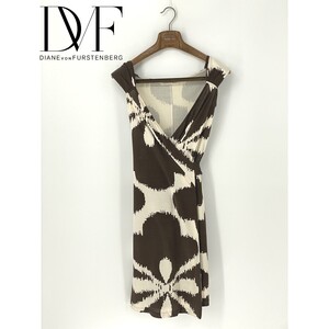 A8954/春夏 DIANE von FURSTENBERG ダイアン シルク100% ノースリーブ Vネック 総柄 ベルト付き 膝丈 ワンピース 2 M程 茶 レディース