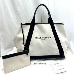 極美品 BALENCIAGA バレンシアガ ネイビーカバスM トートバッグ ハンドバッグ バッグ キャンバス×レザー ナチュラル×ブラック 