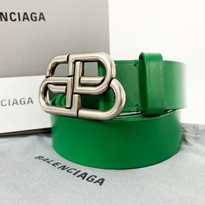 [希少色　美品】BALENCIAGA バレンシアガ BB Buckle Large Belt BBラージベルト ベルト レザー グリーン 緑 BBロゴ BBバックル メンズ 金具