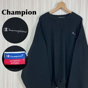 ☆人気カラー☆ビッグサイズ☆ CHAMPION チャンピオン 刺繍ロゴ 裏起毛 太アーム スウェット トレーナー 3X/4X ブラック 黒 アメカジ 古着